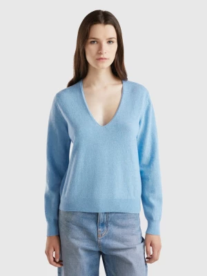 Benetton, Marl Sky Blue V-neck Sweater In Pure Merino Wool, size L, Light Blue, Women United Colors of Benetton