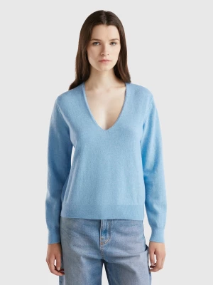 Benetton, Marl Sky Blue V-neck Sweater In Pure Merino Wool, size L, Light Blue, Women United Colors of Benetton