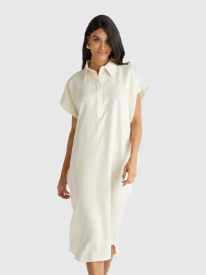 Benetton, Midi Dress In Pure Linen, Size: XS-S, Creamy White, Women United Colors of Benetton