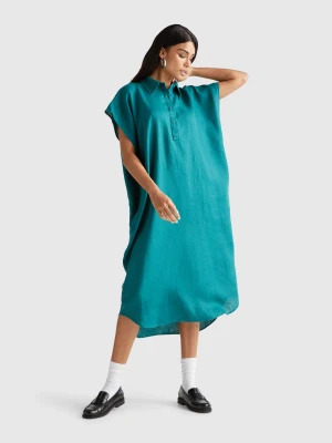 Benetton, Midi Dress In Pure Linen, Size: XS-S, Dark Green, Women United Colors of Benetton