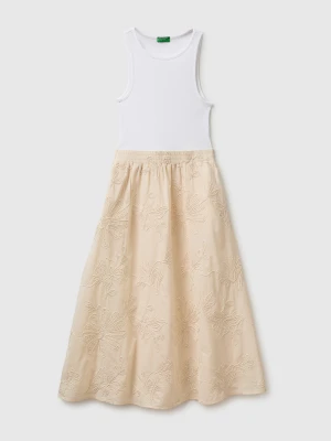 Benetton, Midi Dress With Floral Embroidery, Size: XS, Creamy White, Women United Colors of Benetton