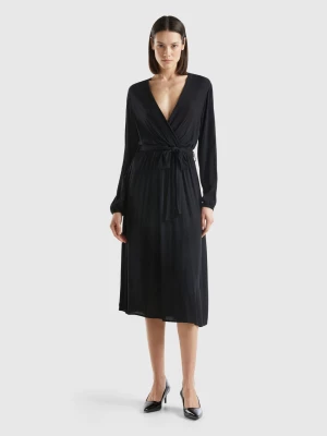 Benetton, Midi Dress With V-neck And Belt, size L, Black, Women United Colors of Benetton