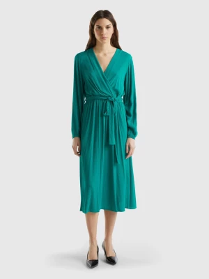 Benetton, Midi Dress With V-neck And Belt, size XL, Teal, Women United Colors of Benetton
