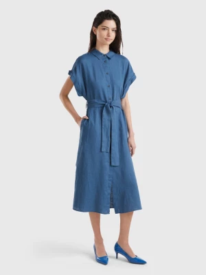 Benetton, Midi Shirt Dress In Pure Linen, size L, Air Force Blue, Women United Colors of Benetton