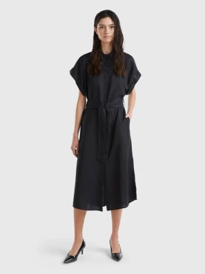 Benetton, Midi Shirt Dress In Pure Linen, size XL, Black, Women United Colors of Benetton