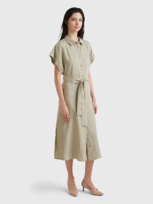 Benetton, Midi Shirt Dress In Pure Linen, size XXS, Light Green, Women United Colors of Benetton