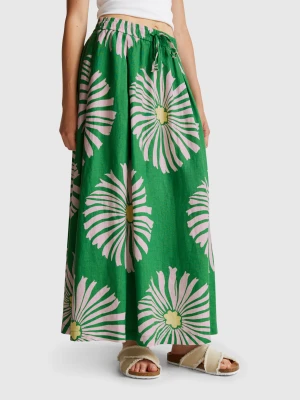 Benetton, Midi Skirt With Floral Print, size XXS, Green, Women United Colors of Benetton