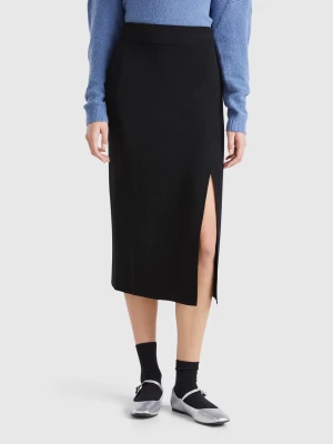 Benetton, Midi Skirt With Slit, size L, Black, Women United Colors of Benetton