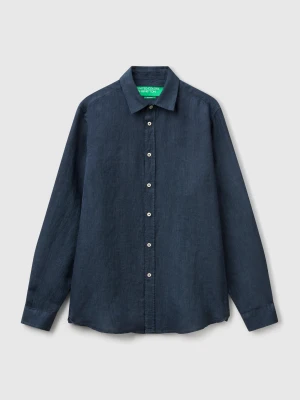 Benetton, Midnight Blue Patterned Shirt In Pure Linen, Size: XS, Dark Blue, Men United Colors of Benetton