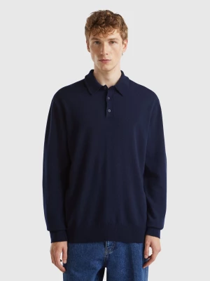 Benetton, Midnight Blue Polo In Pure Merino Wool, size XS, Dark Blue, Men United Colors of Benetton