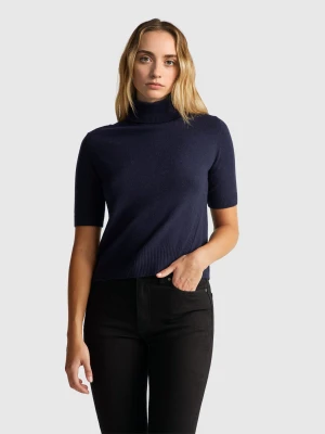Benetton, Midnight Blue Short Sleeve Turtleneck In Cashmere Blend, Size: XXS, Dark Blue, Women United Colors of Benetton