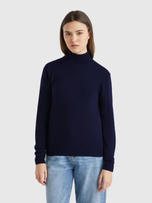 Benetton, Midnight Blue Turtleneck Sweater In Pure Merino Wool, size XS, Dark Blue, Women United Colors of Benetton