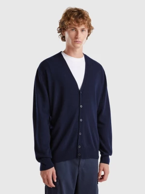 Benetton, Midnight Blue V-neck Cardigan In Pure Merino Wool, size L, Dark Blue, Men United Colors of Benetton