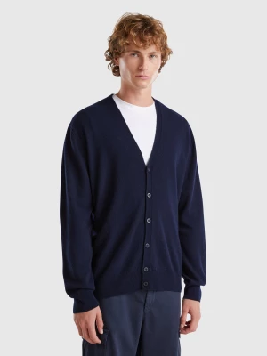 Benetton, Midnight Blue V-neck Cardigan In Pure Merino Wool, size L, Dark Blue, Men United Colors of Benetton