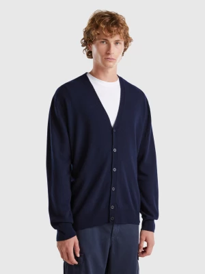 Benetton, Midnight Blue V-neck Cardigan In Pure Merino Wool, size XS, Dark Blue, Men United Colors of Benetton