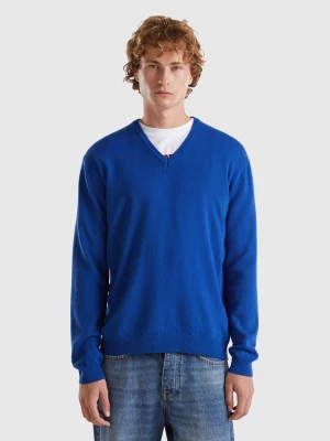 Benetton, Midnight Blue V-neck Sweater In Pure Merino Wool, size L, Dark Blue, Men United Colors of Benetton