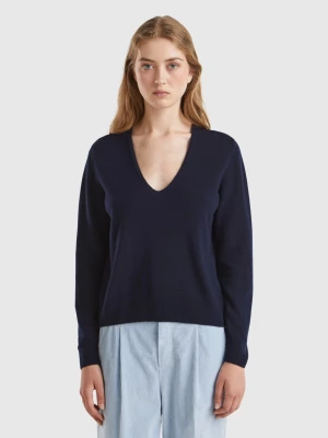 Benetton, Midnight Blue V-neck Sweater In Pure Merino Wool, size L, Dark Blue, Women United Colors of Benetton