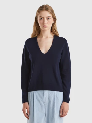 Benetton, Midnight Blue V-neck Sweater In Pure Merino Wool, size M, Dark Blue, Women United Colors of Benetton