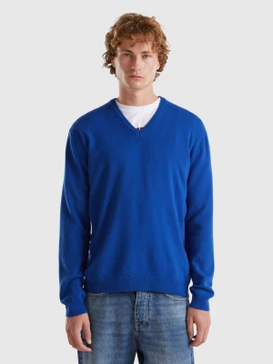 Benetton, Midnight Blue V-neck Sweater In Pure Merino Wool, size S, Dark Blue, Men United Colors of Benetton