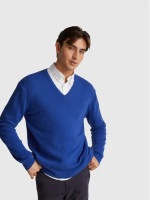 Benetton, Cornflower Blue V-neck Sweater In Pure Merino Wool, Size: XS, Bright Blue, Men United Colors of Benetton