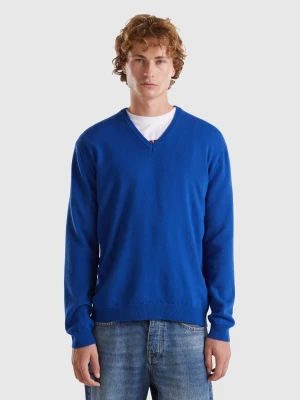 Benetton, Midnight Blue V-neck Sweater In Pure Merino Wool, size XS, Dark Blue, Men United Colors of Benetton