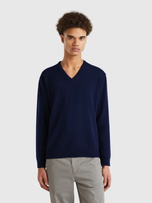 Benetton, Midnight Blue V-neck Sweater In Pure Merino Wool, size XS, Dark Blue, Men United Colors of Benetton