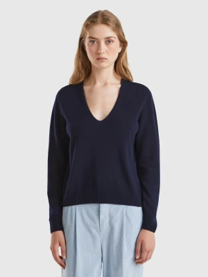 Benetton, Midnight Blue V-neck Sweater In Pure Merino Wool, size XS, Dark Blue, Women United Colors of Benetton