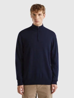 Benetton, Midnight Blue Zip-up Sweater In 100% Merino Wool, size L, Dark Blue, Men United Colors of Benetton