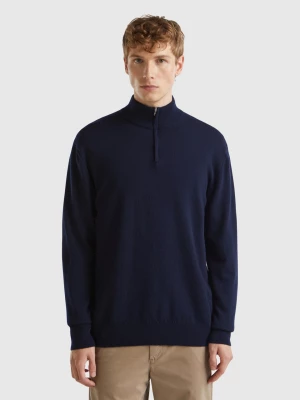 Benetton, Midnight Blue Zip-up Sweater In 100% Merino Wool, size XS, Dark Blue, Men United Colors of Benetton