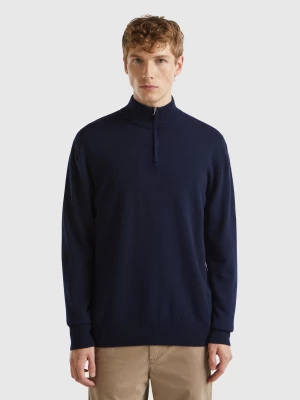 Benetton, Midnight Blue Zip-up Sweater In 100% Merino Wool, size XS, Dark Blue, Men United Colors of Benetton