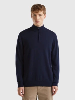 Benetton, Midnight Blue Zip-up Sweater In 100% Merino Wool, size XXL, Dark Blue, Men United Colors of Benetton
