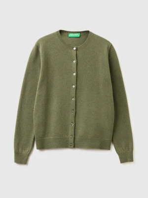 Benetton, Military Green Crew Neck Cardigan In Pure Merino Wool, Size: XS, Military Green, Women United Colors of Benetton