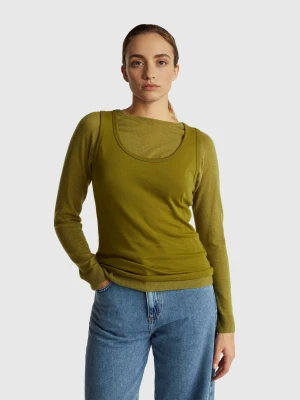 Benetton, Military Green Crew Neck Sweater In Cashmere And Wool Blend, Size: XXS, Military Green, Women United Colors of Benetton