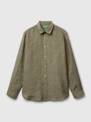 Benetton, Military Green Shirt In Pure Linen, Size: XL, Military Green, Men United Colors of Benetton