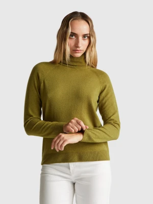 Benetton, Military Green Turtleneck Sweater In Cashmere And Wool Blend, Size: XXS, Military Green, Women United Colors of Benetton