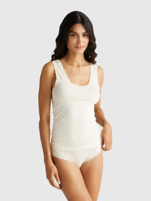 Benetton, Modal Tank Top With Lace, Size: XS, Creamy White, Women United Colors of Benetton