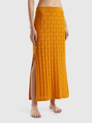 Benetton, Monogram Knit Midi Skirt, size L, Mustard, Women United Colors of Benetton