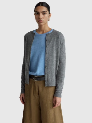 Benetton, Mouse Gray Crew Neck Cardigan In Pure Merino Wool, Size: XXS, Dark Gray, Women United Colors of Benetton
