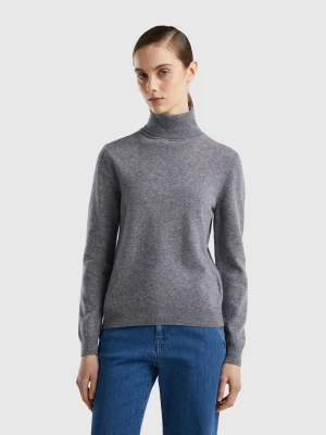 Benetton, Mouse Gray Turtleneck Sweater In Pure Merino Wool, Size: XXS, Dark Gray, Women United Colors of Benetton