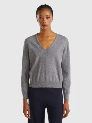 Benetton, Mouse Gray V-neck Sweater In Pure Merino Wool, size XXS, Dark Gray, Women United Colors of Benetton