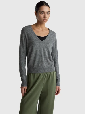 Benetton, Mouse Gray V-neck Sweater In Pure Merino Wool, Size: XXS, Dark Gray, Women United Colors of Benetton