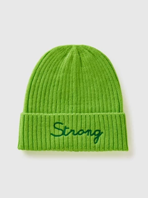 Benetton, Neon Green Beanie With Embroidery, size OS, , Women United Colors of Benetton