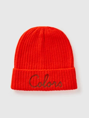 Benetton, Neon Orange Beanie With Embroidery, size OS, , Women United Colors of Benetton