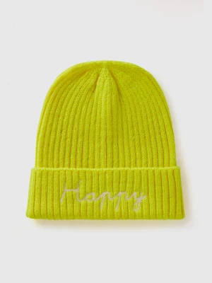 Benetton, Neon Yellow Beanie With Embroidery, size OS, , Women United Colors of Benetton