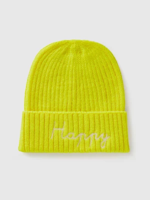 Benetton, Neon Yellow Beanie With Embroidery, size S-L, , Kids United Colors of Benetton