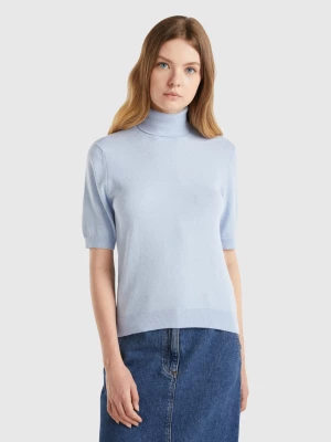 Benetton, Ocean Blue Short Sleeve Turtleneck In Cashmere Blend, size L, Light Blue, Women United Colors of Benetton