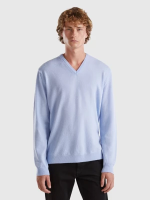 Benetton, Ocean Blue V-neck Sweater Pure Merino Wool, size L, Light Blue, Men United Colors of Benetton