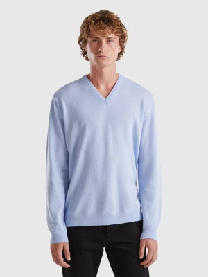 Benetton, Ocean Blue V-neck Sweater Pure Merino Wool, size XL, Light Blue, Men United Colors of Benetton