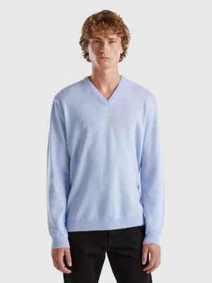 Benetton, Ocean Blue V-neck Sweater Pure Merino Wool, size XXL, Light Blue, Men United Colors of Benetton