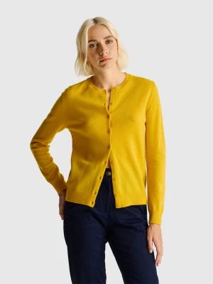 Benetton, Ocher Yellow Crew Neck Cardigan In Pure Merino Wool, Size: XXS, Mustard, Women United Colors of Benetton